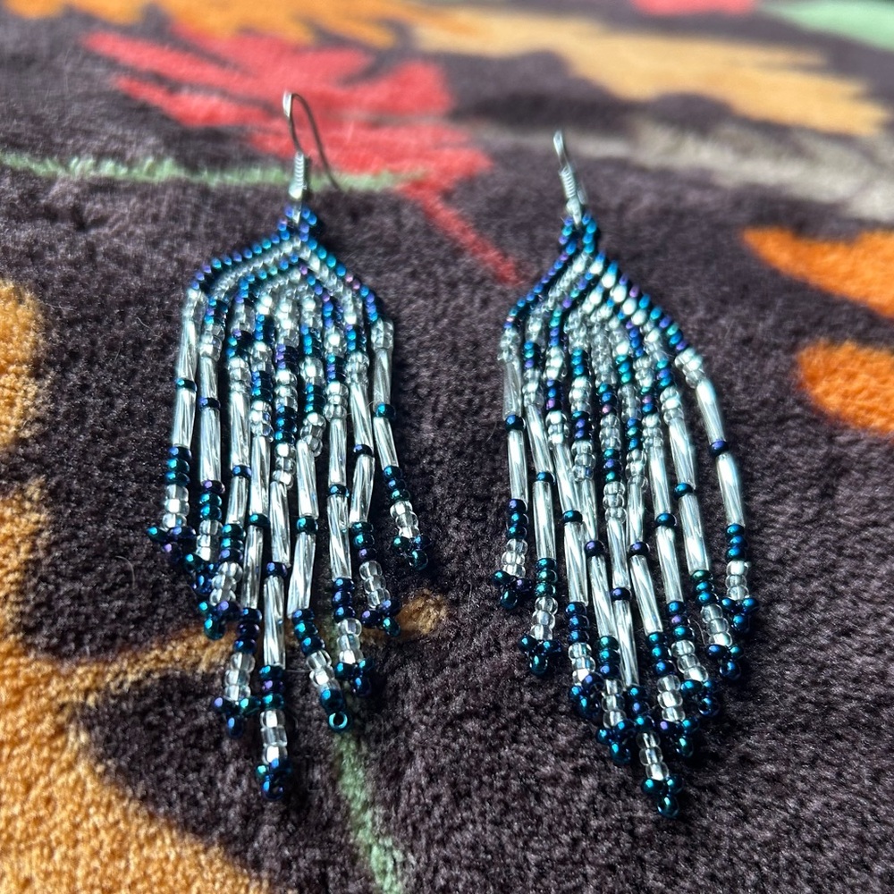 Blue and Silver Handmade Boho Earrings - Picture 3 of 3